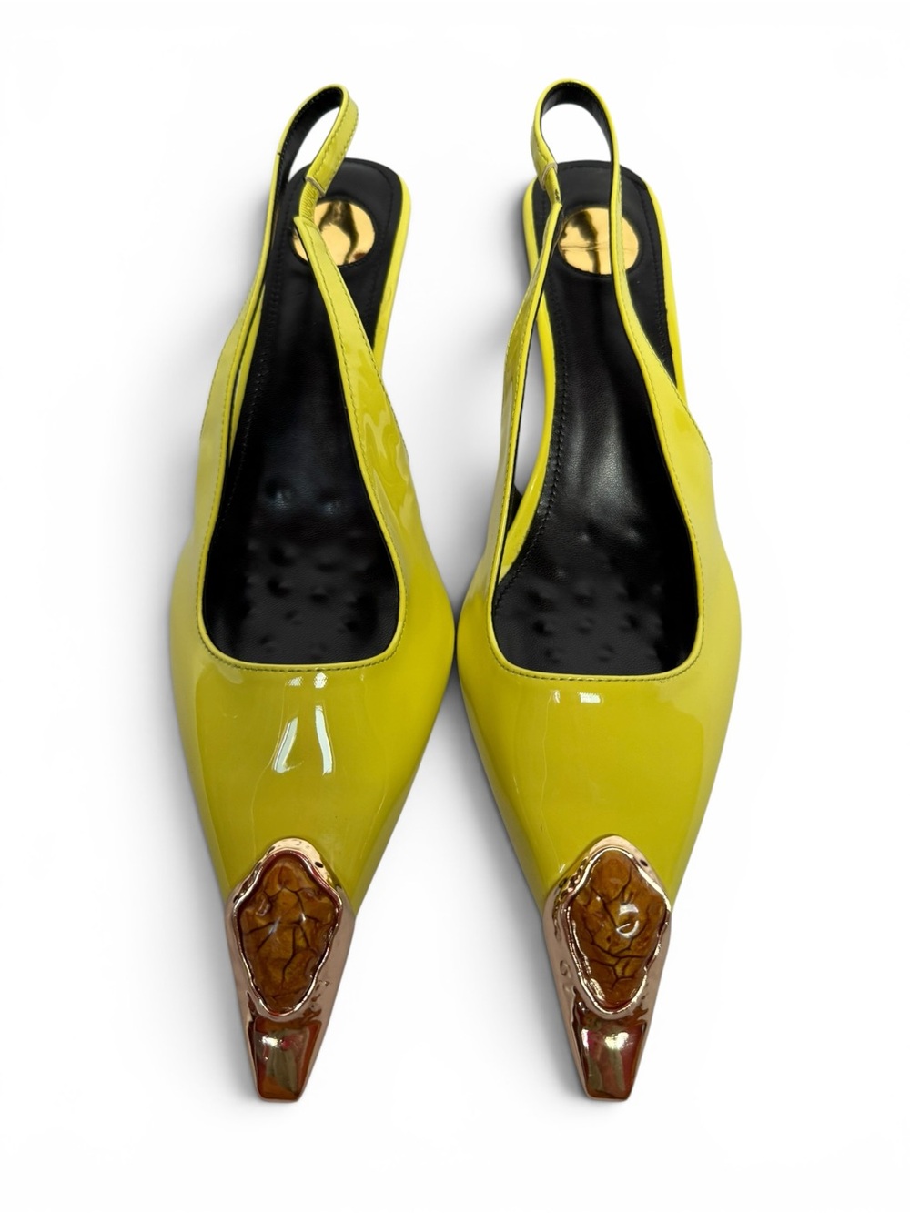 Vibrant Yellow Patent Slingback Heels Sculptural Gold Toe Size 10